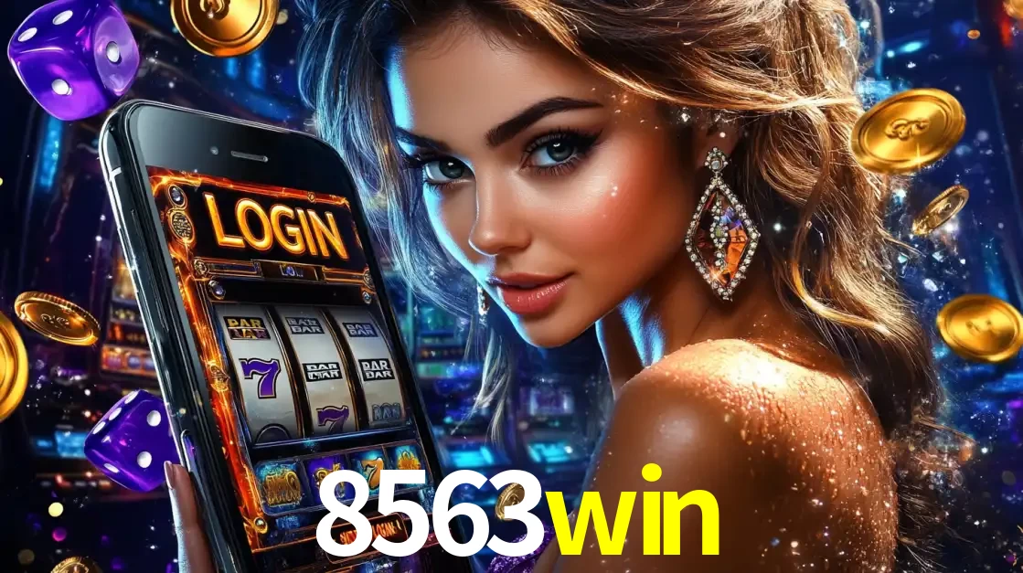 Mulher glamorosa segurando um smartphone com a tela de login para os jogos de caça-níqueis do cassino online 8563win, com moedas de ouro e dados ao redor.