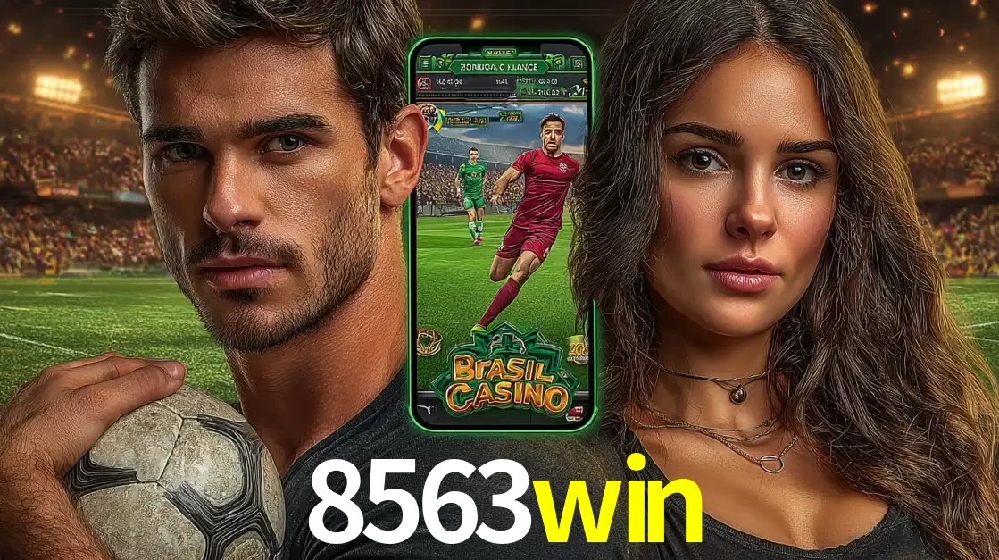 Homem segurando uma bola de futebol e uma mulher ao lado de um smartphone exibindo o jogo de apostas esportivas da 8563win. Faça seu palpite no cassino online.